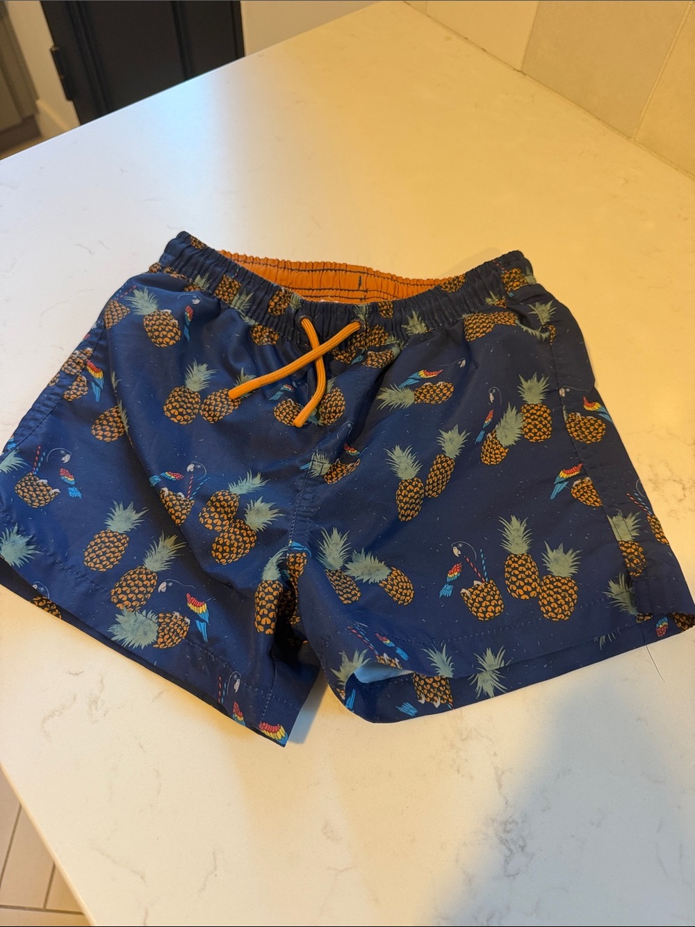 Zara Navy Pineapple Print Athletic Swim Shorts with Yellow Drawstring